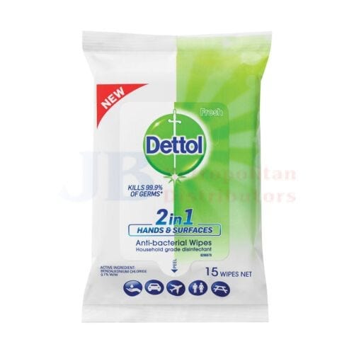 Dettol 2-In-1 Hand And Surface Wipes (15 Pack)