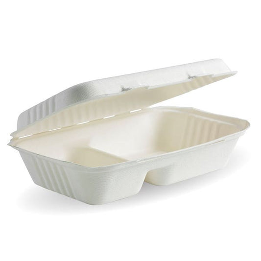 Biopak Clams 2 Compartment White 9X6X3 Biocane 125 pack