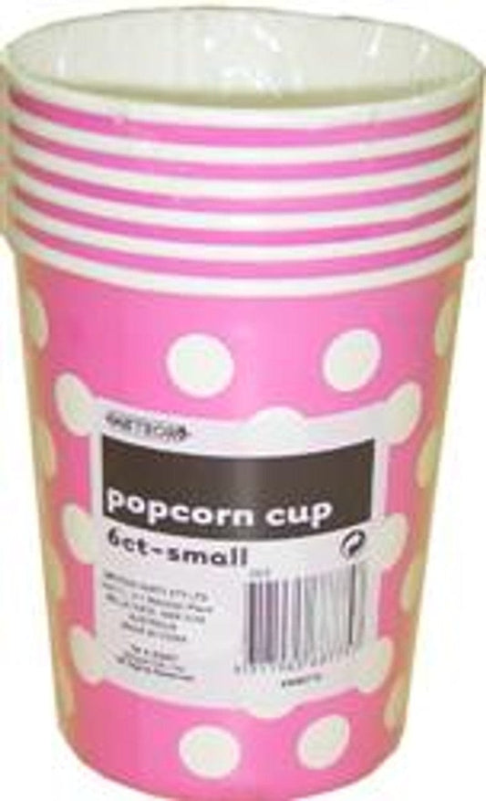 Essentials At Home Individual Popcorn Cups - Hot Pink with White Dots (6 paper cups each 14h x 11.5w cm) 9311965687757 TPFS4086 Popcorn Cups - Hot Pink with White Dots (6 paper cups each 14h x 11.5w cm)