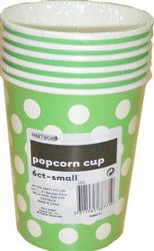 Essentials At Home Individual Popcorn Cups - Lime Green with White Dots (6 paper cups each 14h x 11.5w cm) 9311965687719 TPFS4081 Popcorn Cups - Lime Green with White Dots (6 paper cups each 14h x 11.5w cm)