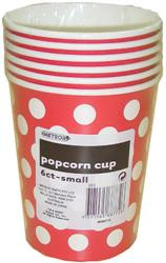 Essentials At Home Individual Popcorn Cups - Red with White Dots (6 paper cups each 14h x 11.5w cm) 9311965687726 TPFS4083 Popcorn Cups - Red with White Dots (6 paper cups each 14h x 11.5w cm)