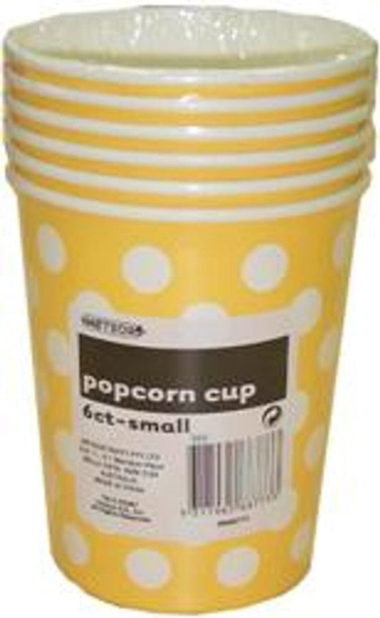 Essentials At Home Individual Popcorn Cups - Yellow with White Dots (6 paper cups each 14h x 11.5w cm) 9311965687733 TPFS4084 Popcorn Cups - Yellow with White Dots (6 paper cups each 14h x 11.5w cm)